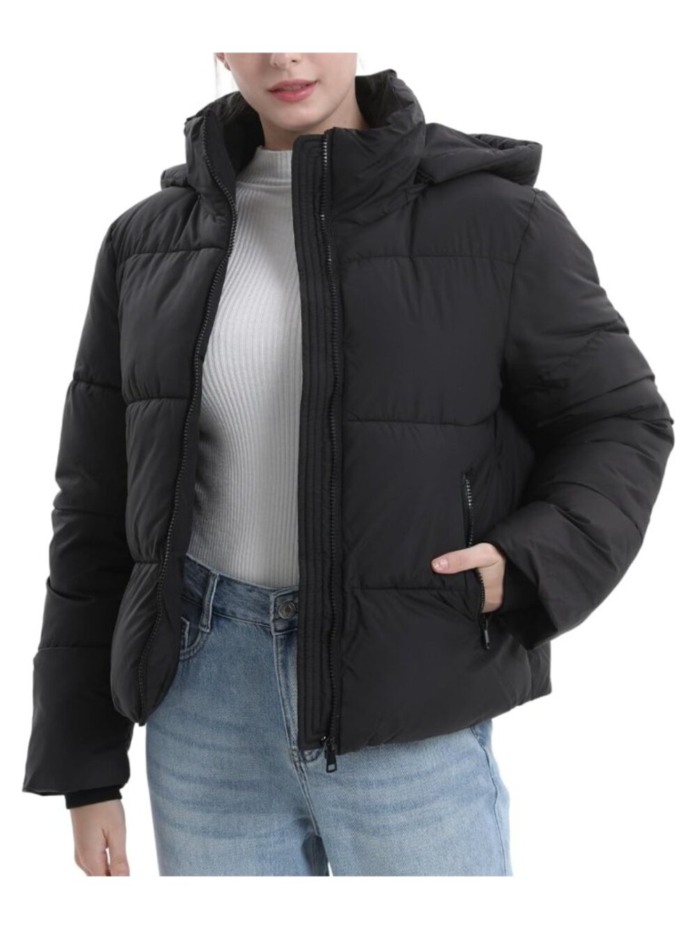 Women's Cropped Puffer Jacket Quilted Winter Coat Removable Hood